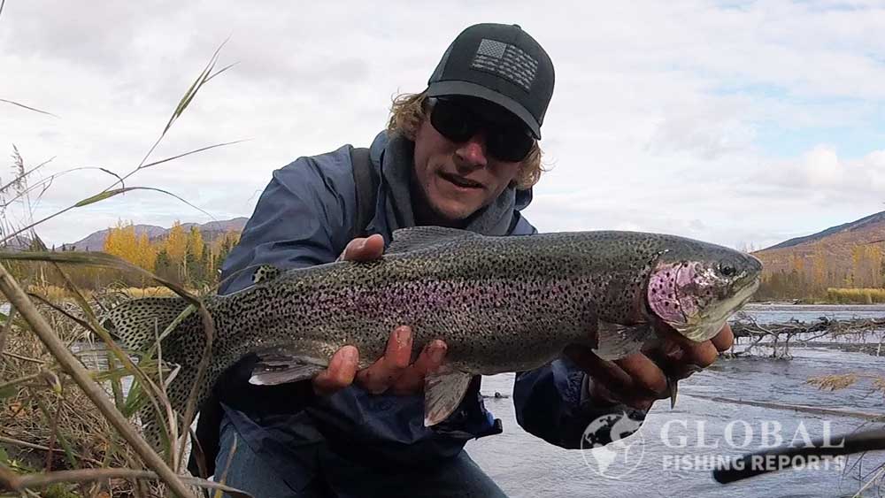 Captain Cody with a jumbo rainbow trout in the Kenai River